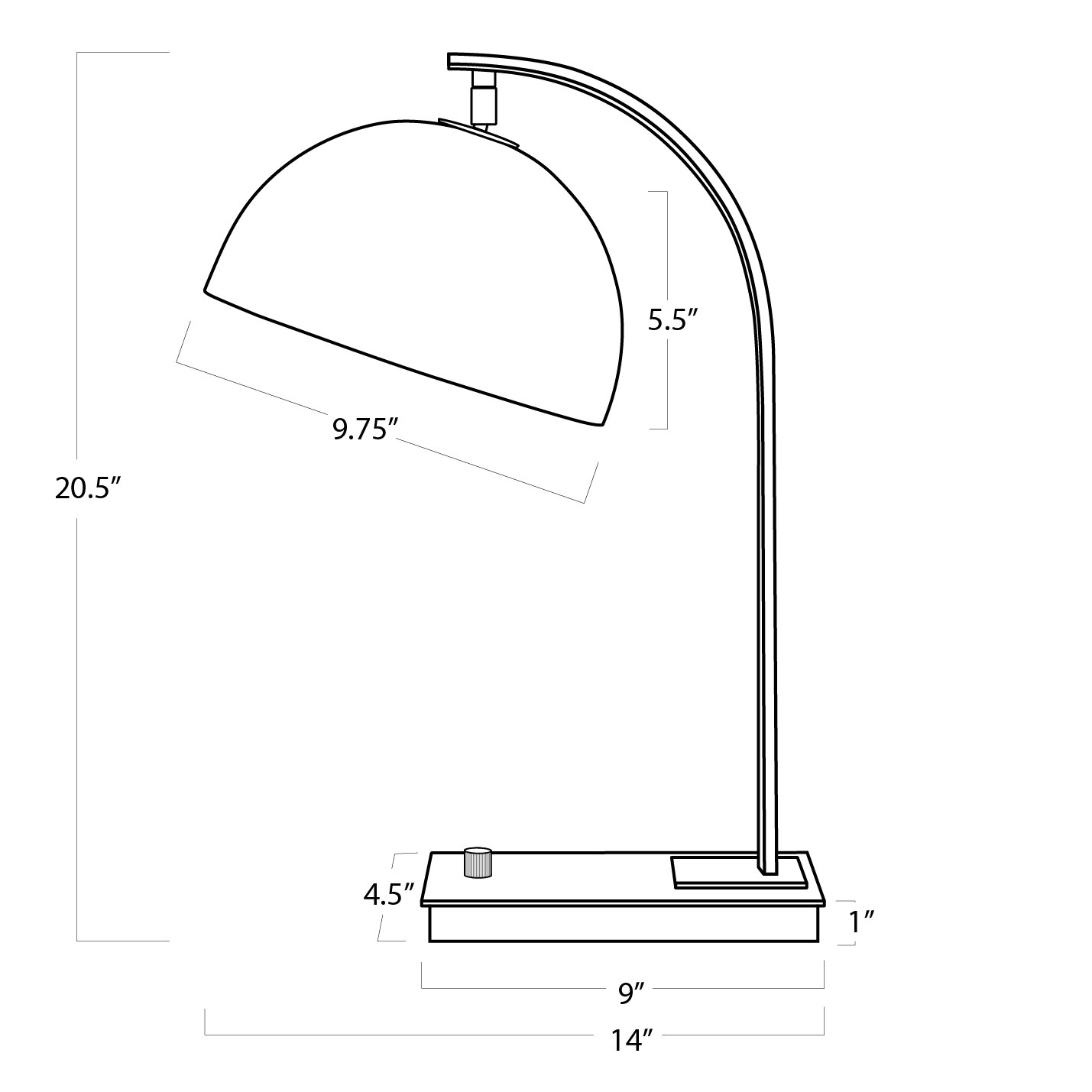 oil rubbed bronze adjustable metal desk lamp line drawing with inch measurements